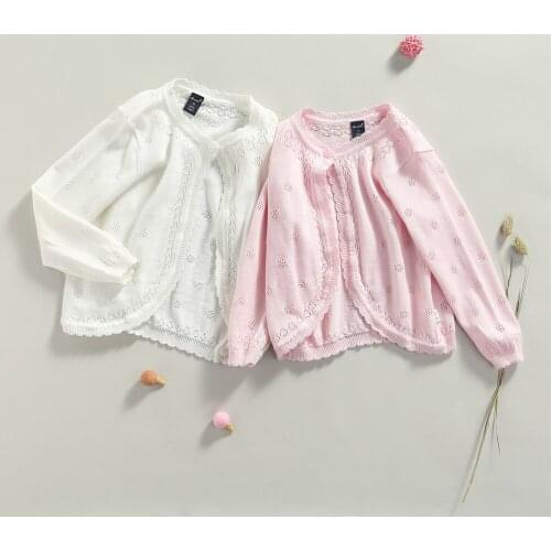 2021 0-4Y Sweet Kids Baby Girl Coats Spring Fall Solid Color Flower Hollow O Neck Knit Cardigan Top Outwear