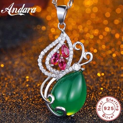 100% 925 Silver Necklace AAA Zircon Green Crystal Butterfly Pendant Silver Chain Woman Charm Jewelry