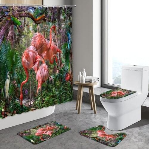 4pcst Flamingo Shower Curtain Pink Bird Parrot Green Tropical Leaf Flower Cactus Palm Tree Anti-Slip Bath Mat Toilet Bathroom Ru