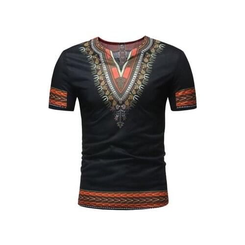 African DashikiT-shirts White Blue Ethnic Style Printed Blended Slim Fit Casual Short-Sleeved V-neck Man Tops Tees Clothing