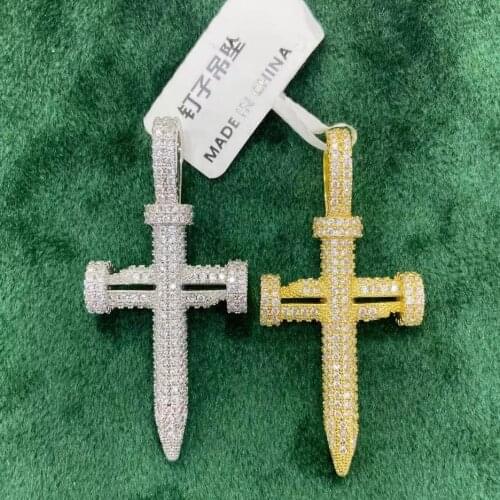 New Hip Hop Fashion Cross Nail Pendant Necklace Hip Hop Jewelry Gold Cubic Zircon Copper Chain Rock Style Gift