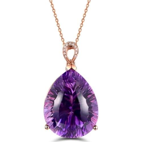FYJS Unique Rose Gold Color Water Drop Pendant Natural Purple Amethysts Crystal Necklace Elegant Women Jewelry