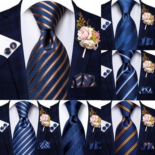Hi-Tie Mens Ties Navy Blue Gold Striped Silk Wedding Tie For Men Hanky Cufflinks Brooch Set Fashion Bussiness Party Dropshipping
