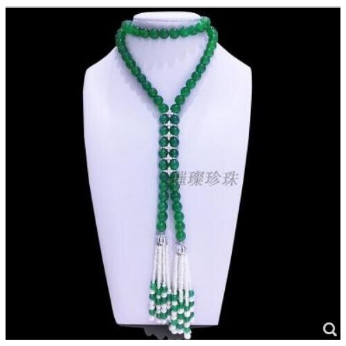 Fine jewelry Real 8mm green jade necklace 22inch women fresh water pearl tassel jewelry 925 silver