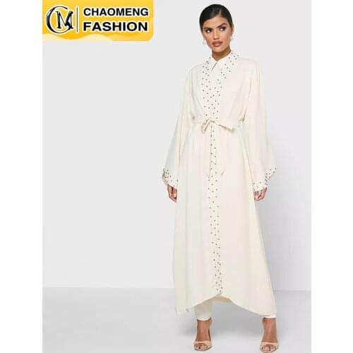 Middle East Eid Muslim Fashion Pearls Kimono Modest Elegant Cardigan Dubai Abaya For Women Kaftan Arab Turkey Islamic Clothing