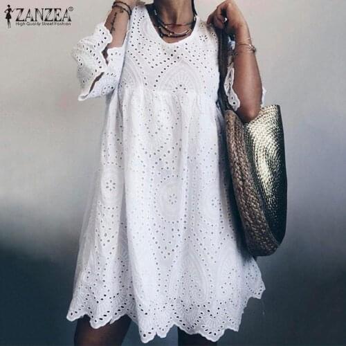 ZANZEA 2021 Bohemain Lace Dress Womens Summer Sundress Fashion Flare Sleeve Knee Length Vestidos Female Hollow Cotton Robe