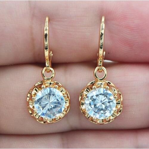 Fashion Jewelry Gold Color Clear White Zircon CZ Dazzling Round Dangle Earrings for Women
