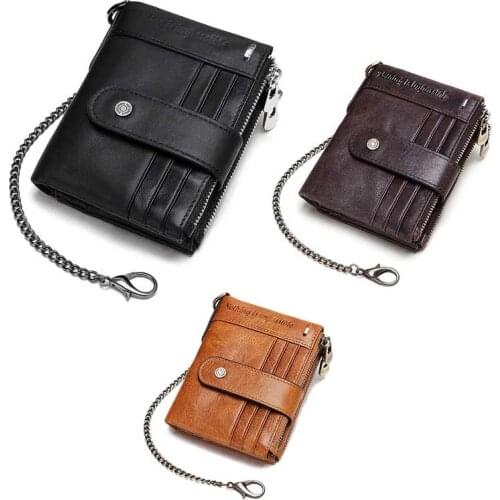 HUMERPAUL Mens Wallet RFID Ultra-Thin Leather Bi-Fold Buckle Retro Short Coin Purse Multi-Function Card Bag Chain Bag