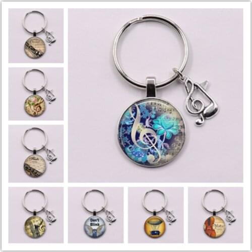 Musical Instrument Clarinet Guitar Flute Violin Music Key Chain Pendant Music Note Keychain Key Rings Music Glass Dome Jewelry