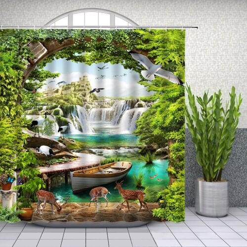 Landscape Shower Curtains Crane Deer White Dove Waterfall Green Plants Boat Bathroom Decor Waterproof Cloth Curtain Set Cheap