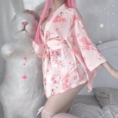 Japanese Sexy Kimono for Woman Sakura Print Girl Yukata Floral Haori Bathrobe Cosplay Costume Female Pink Traditional Short Gown