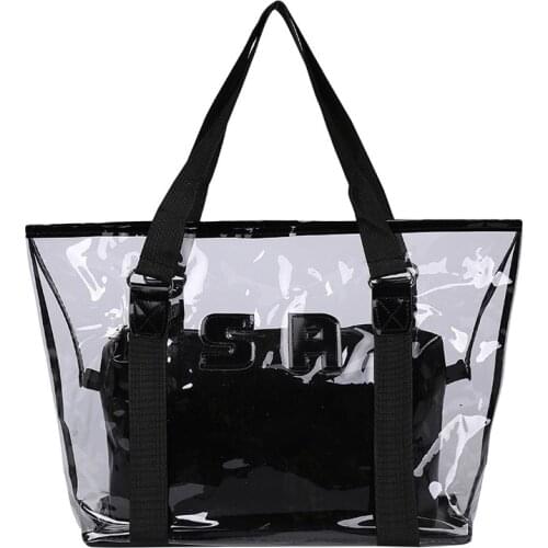 Transparent Casual Beach Tote Bag for Women 2021 Designer Big Clear Jelly Handbag with Small Bags Waterproof Shoulder Bag Black