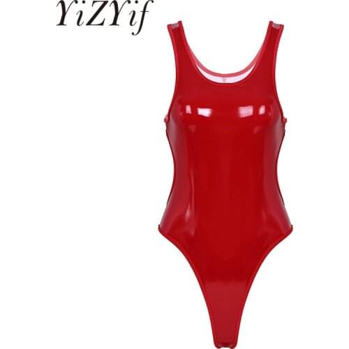 Sexy Bodysuits For Women Adults One-piece Wetlook PU Leather Sleeveless Backless High Cut Tank Thong Leotard Bodysuit Nightwear