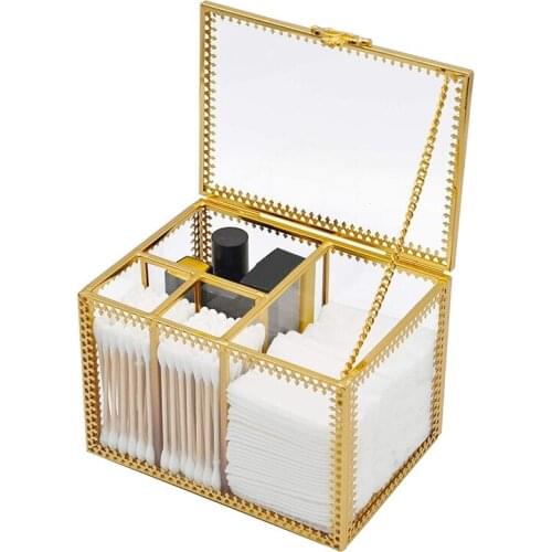 LUDA Glass Cosmetic Storage Box Vintage Frame Dustproof Cotton Ball Pad Lipstick Makeup Sponges Organizer Holder,Golden