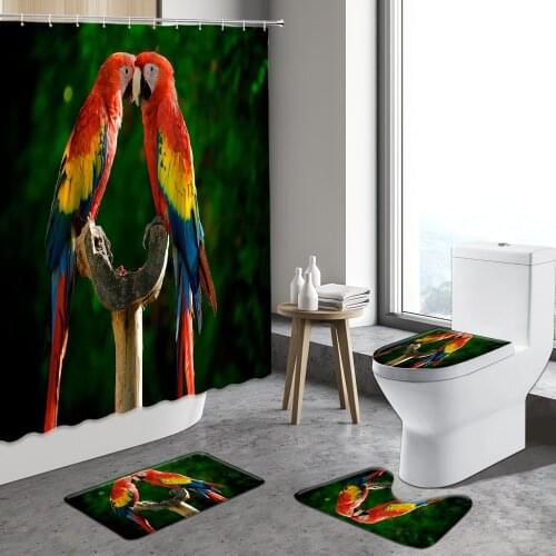 Tropical Plants Green Leaf Parrot Shower Curtain Animal Bird Bath Curtains Cartoon Owl Bathroom Decoration Sets Rug Bath Mats
