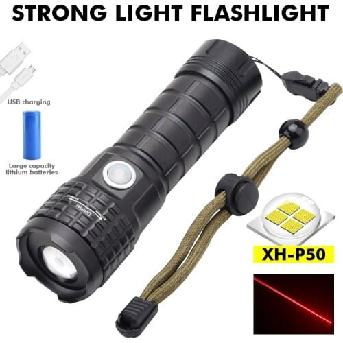 Waterproof P50 Red Laser Strong Led Light USB Charging Zoom Flashlight Outdoor Camping