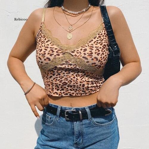 Y2K E-Girl Leopard Criss-Cross Lace Front Camis Tops Punk Style Fashion Summer Backless Crop Top Streetwear Party Wear