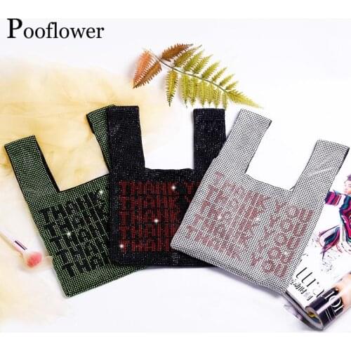 Pooflower Shining Diamond Totes Luxury Full Rhinestone Thank You Letter Evening Bag Purse Women Crystal Handbag Clutch Bag ZH438