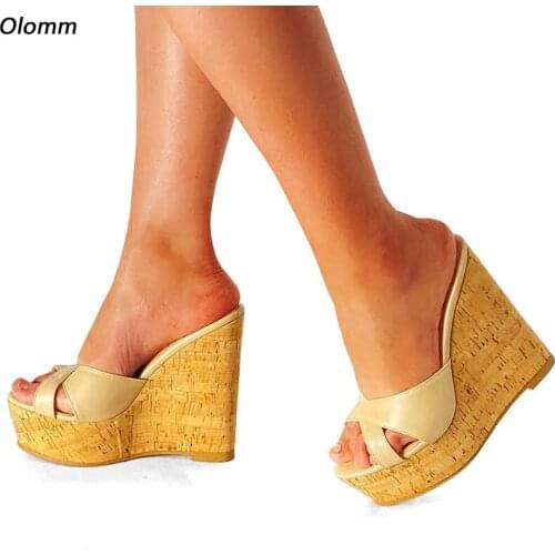 Olomm New Arrival Women Platform Mules Sandals Slippers Wedges Heels Open Toe Elegant Black Casual Shoes US Plus Size 5-20