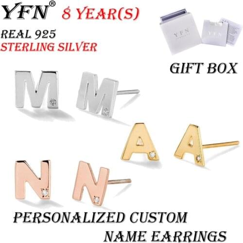 YFN Brand Sterling Silver Custom Personalized CZ Uppercase Letter Nam Stud Earrings For Women Girl With Gift Box 3 Color