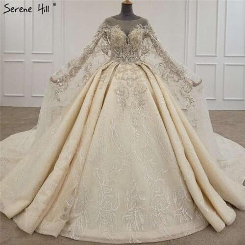 Serene Hill High-end Luxury Champagne Sequin Beading Wedding Dress 2020 Cape Sleeves Sexy Bridal Gown Custom Made CHX0100