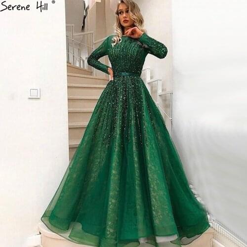 Serene Hill Muslim Green Luxury Evening Dress 2021 A-Line Beading Long Sleeves Women Formal Party Wear Gown CLA70927