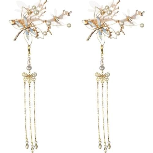 2x Chiffon Flower Pearl Hair Clip Retro Dragonfly Hair Pins Headwear Cosplay
