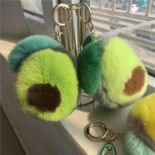 Real Rabbit Fur Avocado Pendant Keychain Cute Plush Key Ring Women Handbag Car Key Accessories Trinkets Jewelry Doll Gifts