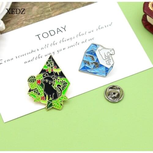 XEDZ Jewelry Black Bear Brooch Green Plant Forest Blue Ocean Fish Polar Bear Enamel Badge JewelryG ift
