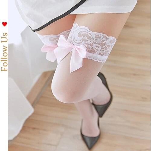 Lolita stockings cute loli pink bow lace over-the-knee long socks