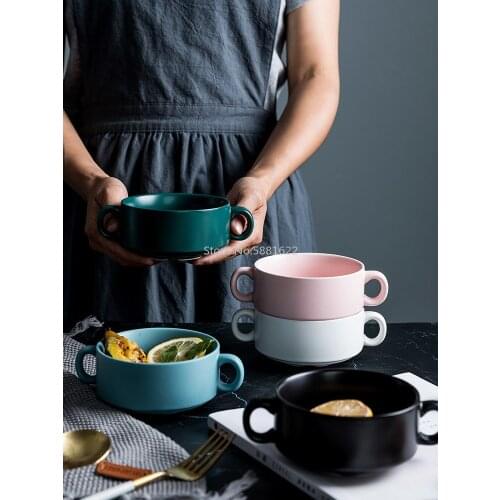 European Style Ceramic Binaural Round Baking Bowl Steamed Egg Dessert Cake Snack Bowl Oven Special Soup Breakfast Bowl Tableware