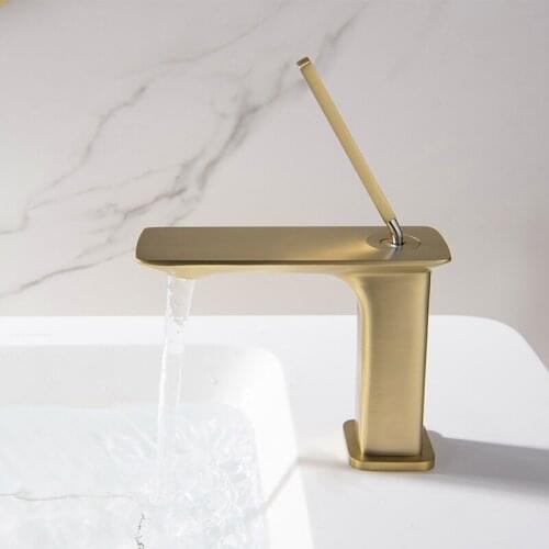 Boonion Brushed Gold Brass Basin Mixer Bathroom Tap Hot & Cold Single Hole Square Nordic Style