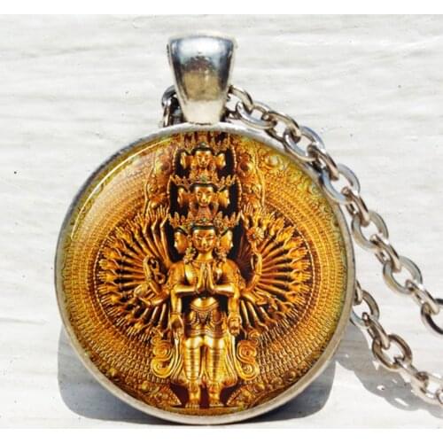 Mens and Womens Necklace Glass Pendant Thousand-Hand Guanyin Buddha Statue Religious Jewelry Necklace Cabochon Pendant