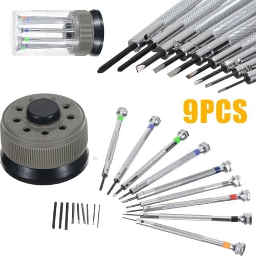 9 Pcs Precision Screwdriver Set Watch Slotted Metal Magnetic Screwdriver Set Flat Blade For Watch Clock Computer Repair Tools