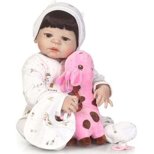 NPK reborn babies girl dolls 22" real silicone dolls reborn with pink sleeping basket giraffe plush doll real alive born babies