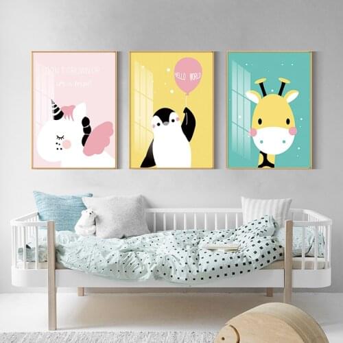 Simple Nordic children room cartoon animals cute pet giraffe penguin balloon murals poster print picture decorative painting