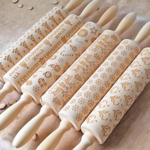 Christmas Rolling Pin Laser Wooden Christmas Embossing Rolling Pin Dough Stick Baking Pastry Tool New Year Christmas Decoration