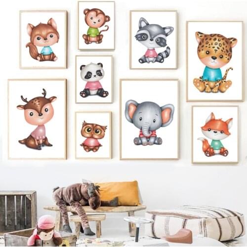 Elephant Leopard Deer Monkey Panda Fox Nursery Wall Art Canvas Painting Nordic Posters And Prints Decor Pictures Children Room