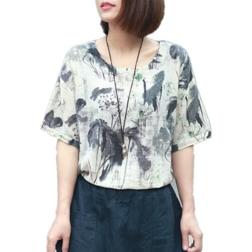 Women Spring Print flower T-Shirts tops Casual Short Sleeve Vintage O-Neck Loose Chinese Style Cotton Linen Ink Lotus t-shirts