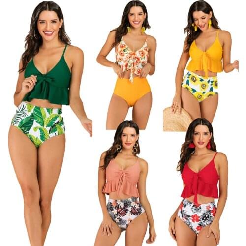 Women Padded Ruffled Hem Bra High Waist Floral Print Briefs Bikini Swimsuit Swimsuit bandeau Padded Bra Bathing Suit