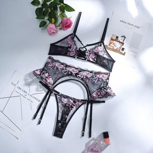 Woman Erotic Mesh Perspective Sensual Lingerie Women Fashion Lace Heart Embroidery Bra Brief Sets Sexy Underwear Set