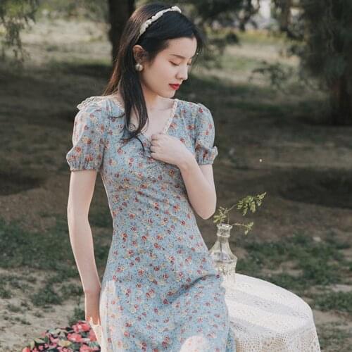Floral Dress Woman 2021 Autumn and Summer New French Blue V-Neck Puff Sleeves Slim Midi Long Dresses Elegant Lady