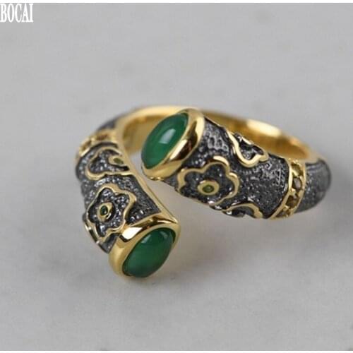 BOCAI 100% real S925 pure silver gold-plated floret silver ring for female Fashion silver inlaid green chalcedony woman rings