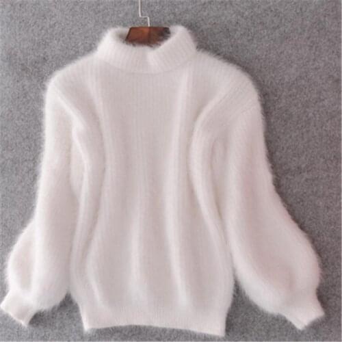 Winter New Fashion Thickened Warm Turtleneck Mohair Female Sweater Lantern Sleeve Casual Solid Color Slim Simple Pullover