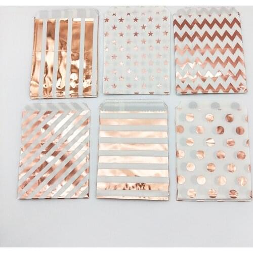 100pcs Rose Gold Paper Bags 5 x 7.5 Inch Napkin Balloons Striped Chevron Star Dot Candy Gift Bag Wedding Children Party Supplies