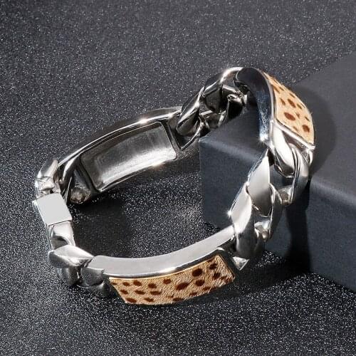 New style stainless steel casting bracelet, trendy mens fashion jewelry, leopard print, snap clasp, titanium steel bracelet