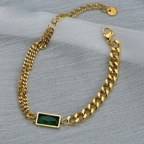 Retro simple small fragrance wind splicing thick chain green square crystal necklace fashion party wedding jewelry accessories