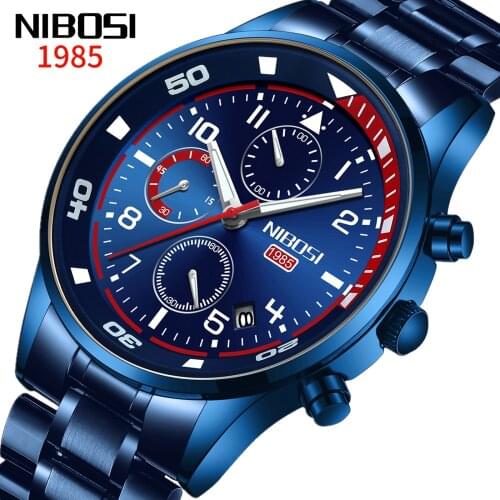 NIBOSI Men Watches Fashion Chronograph Sport Military Watch Top Brand Luxury Stainless Steel Sliver Waterproof Quartz Watch Men