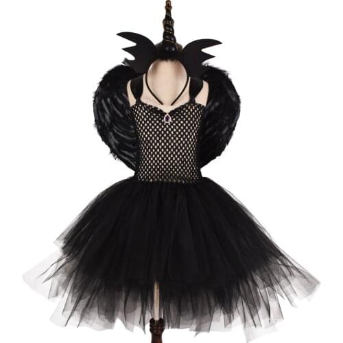 Black Witch Tutu Costume for Girls Cosplay Tutu Dresses with Headband Wings Kids Halloween Costumes Outfits Clothes set 0-12Y
