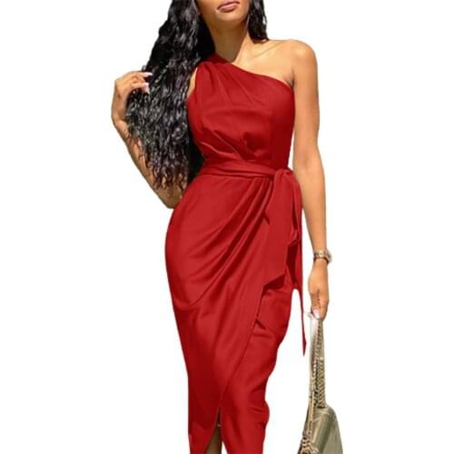 Elegant Women Dress Elegant Solid Color Slanted Shoulders Fashion Summer Casual Split Plus Size Dresses Banquet